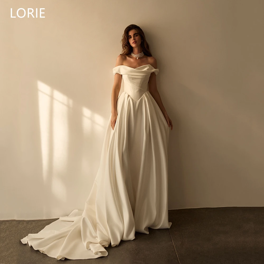 LORIE Schlichte Brautkleider aus Satin, schulterfrei, mit Falten, Brautkleid, drapiert, A-Linie, bodenlang, Brautkleider nach Maß