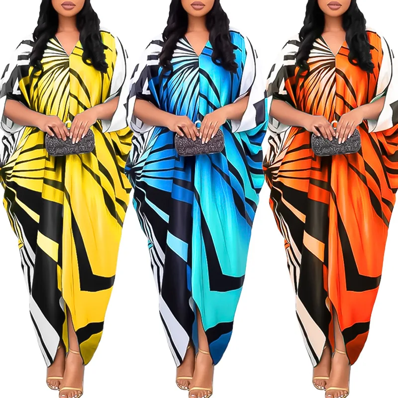 

2022 New Hot Sale African Plus Size Muslim Women Printed Bat Sleeve Dress