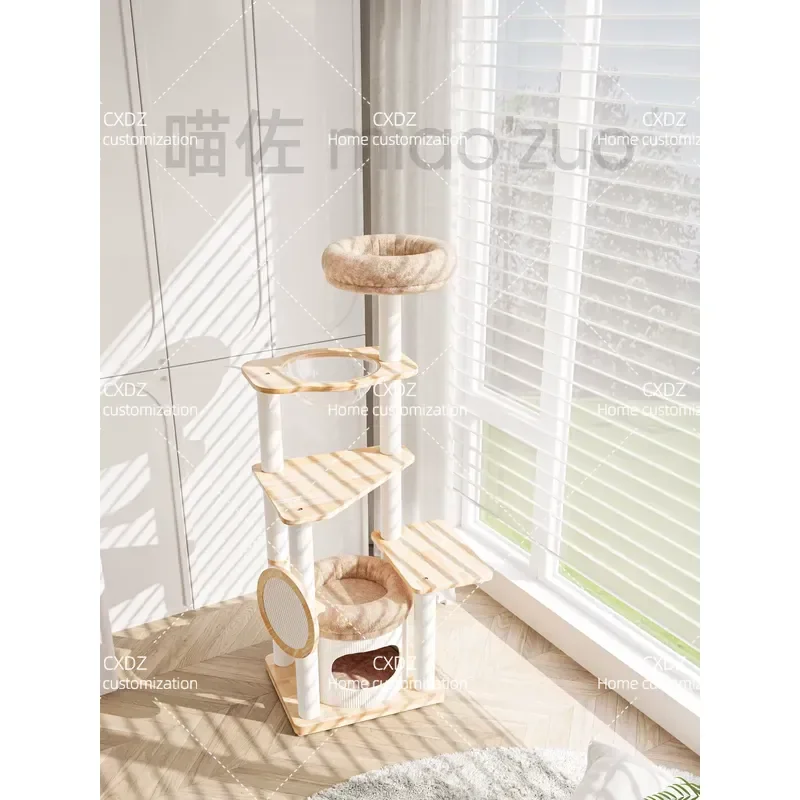 Solid Wood Cat Tree Climbing Frame with Nest Integrated Rubber Wood Pillar Tower for Cats Multi Level Activity Center