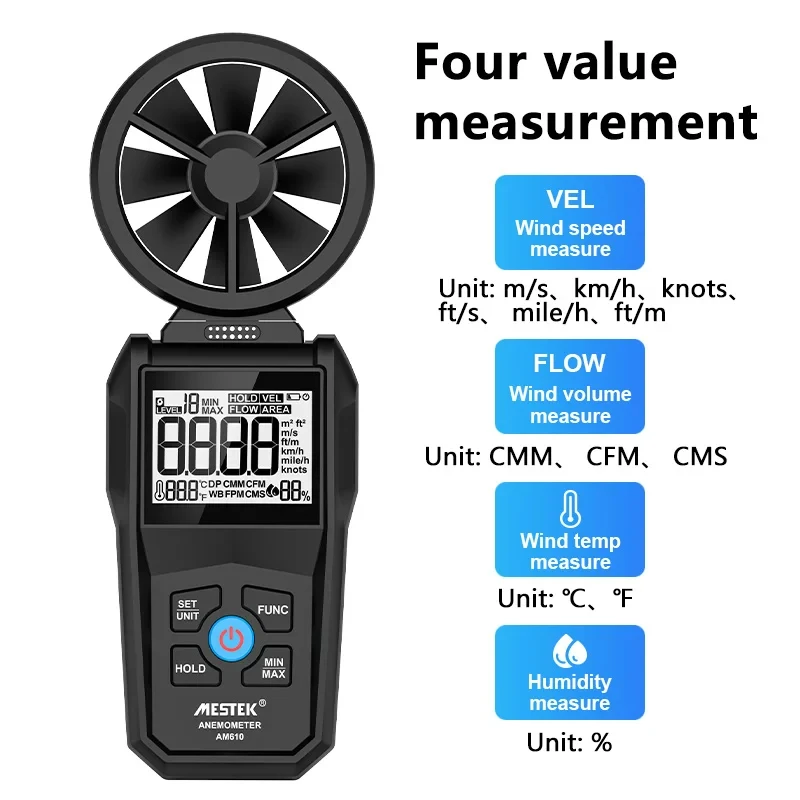 AM610 Portable Digital Wind Speed Anemometer Wind Velocity Meter Handheld LCD Air Speed Tester Wind Velocity Detector