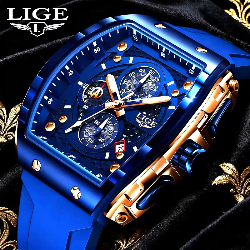 LIGE Men's Watch Top Brand Luxury Square Quartz Wristwatch Waterproof Luminous Chronograph Watch for Men Date Clock Montre Homme