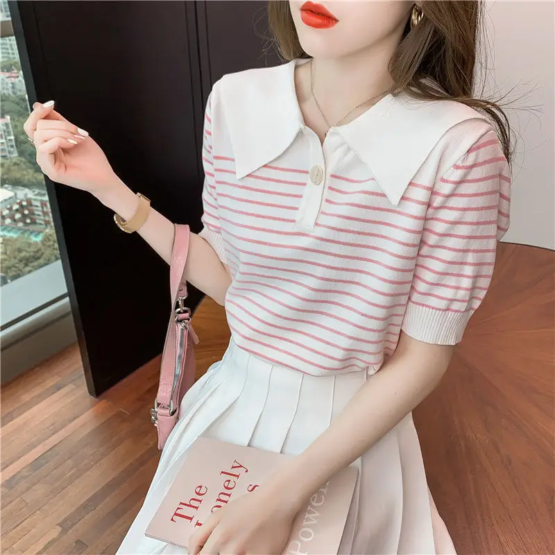 Ice Silk Short Sleeve T-shirt for Women\'s Summer New Striped Polo Neck Thin All-match Youth Tops Sweet Fashion Korean Clothing