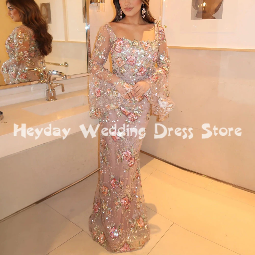 Vestidos de Noche Elegantes de Encaje Floral con Cuello Cuadrado y Mangas de Campana para Mujer, Estilo Recto, Largos hasta el Suelo, para Fiesta, 2026