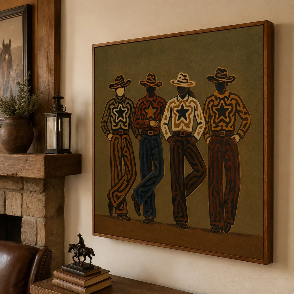 Cowboys Standing Wall Art Print, Four Men Decor Paintings, Western Poster, Rustic Artworks for Living Room Bedroom Office