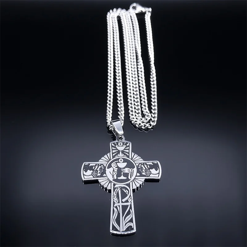 The Christian Faith Cross Pendant Necklace for Women Men Stainless Steel Eucharist Holy Communion Cross Necklaces Jewelry Gifts