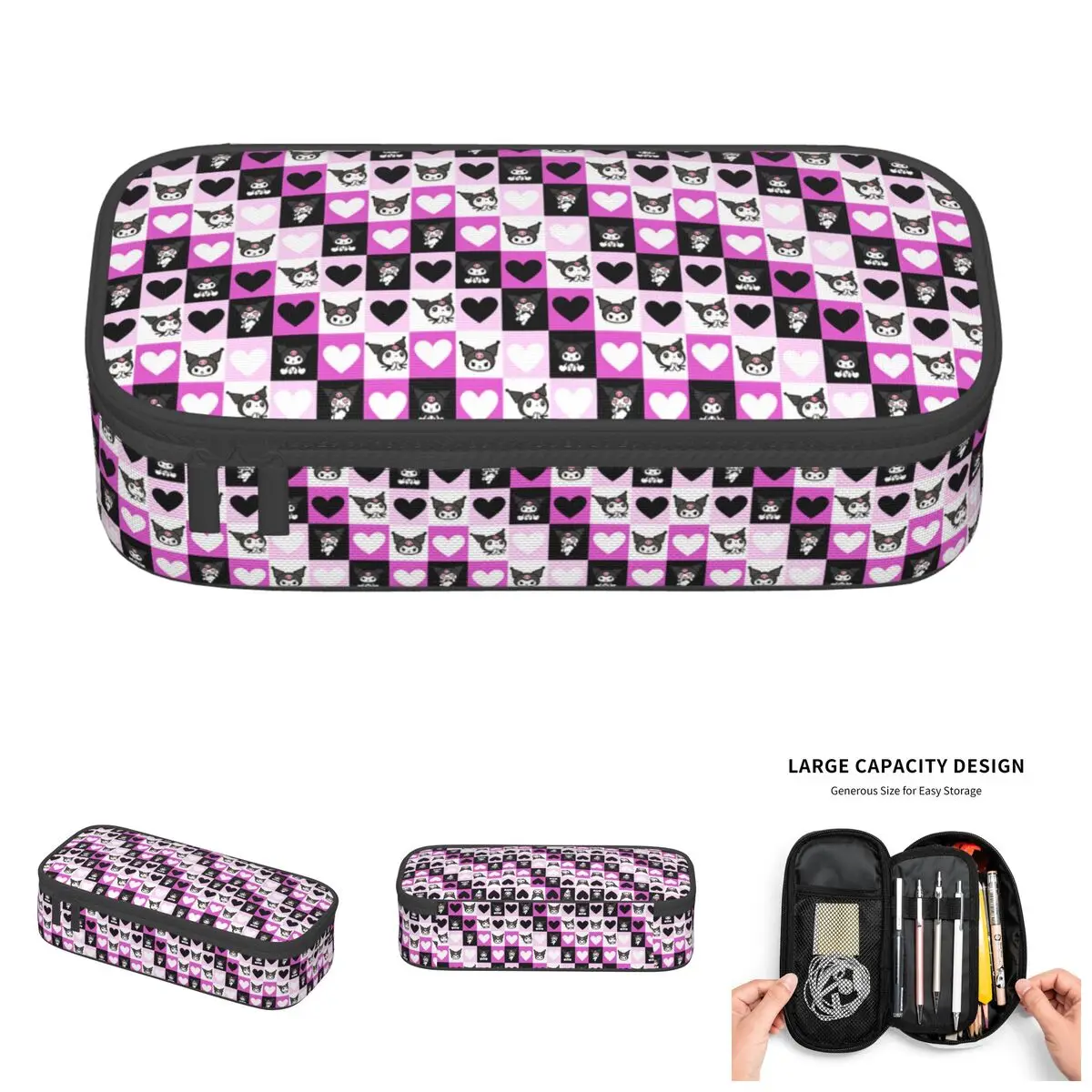 

Kuromi Heart Pastel Goth Kawaii Pencil Cases Boys Girls Large Capacity Checkerboard Pattern Pencil Bag Students Stationery