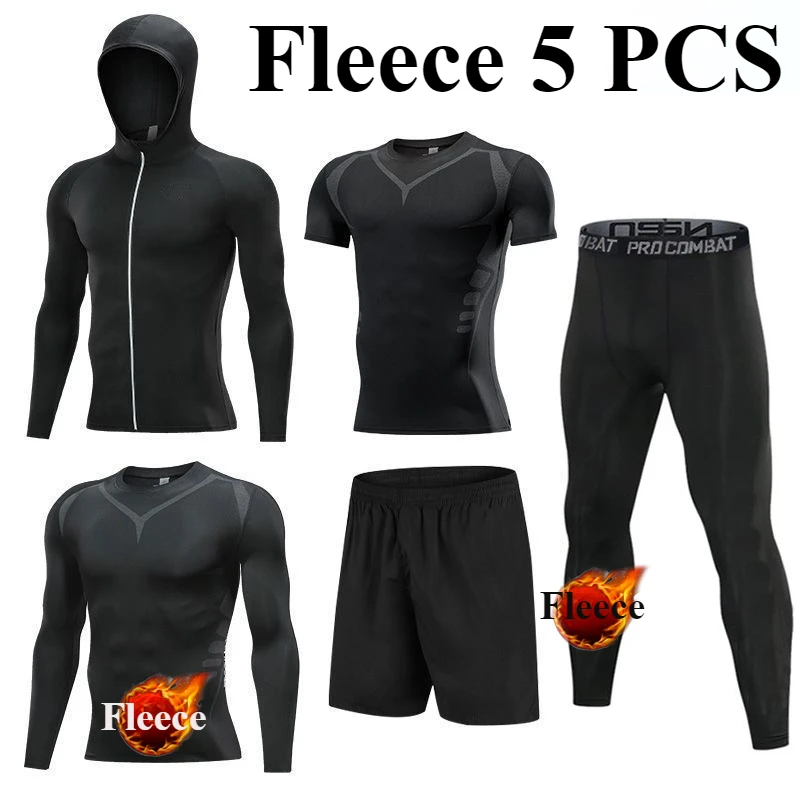 Running Sets 1-5 PCS Men's Compression Sports Suit Gym Fitness Sportswear Quick Dry Basketball Tights Fleece Training Underwear