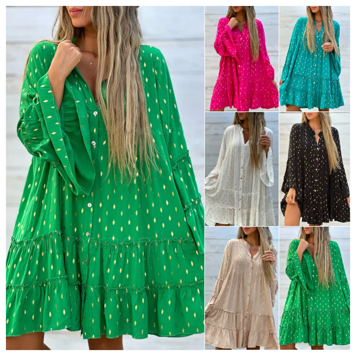 New Womens Dresses Bronzing Fashion Horn Sleeves Big Pendulum Loose Dress for Women