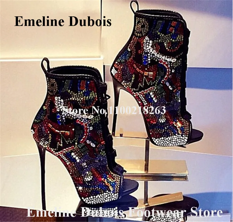 

Mixed-colors Rhinestones Short Boots Emeline Dubois Peep Toe Lace-up Patchwork Crystals Ankle Booties Bling Bling Dress Shoes