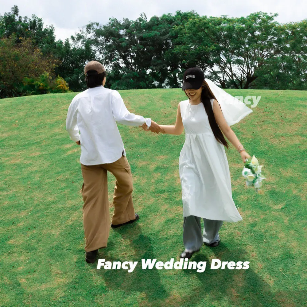 Fancy Simple O Neck Wedding Dress Korea Photo Shoot A Line Taffeta Evening Dresses Back Zip Customized
