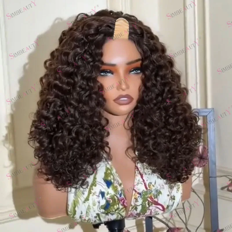 250Density Side U Shaped Remy Human Hair Loose Deep Curly Dark Brown Afro Black Women Easy Wear Full Machine Made V Part Wigs