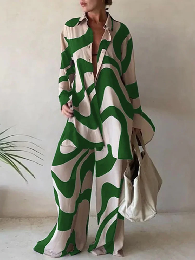 Women Printed Full Sleeve Long Cardigan Top Outfit Spring Autumn Turn-Down Collar Button Ladies Matching Set Wide Leg Pants Suit