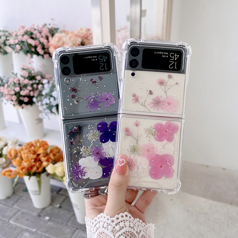 Real Dried Flower Sequins Glitter Phone Case For Samsung Z Flip 3 4 5 6 Case For Galaxy Fold 4 5 6 Soft Shockproof Cover