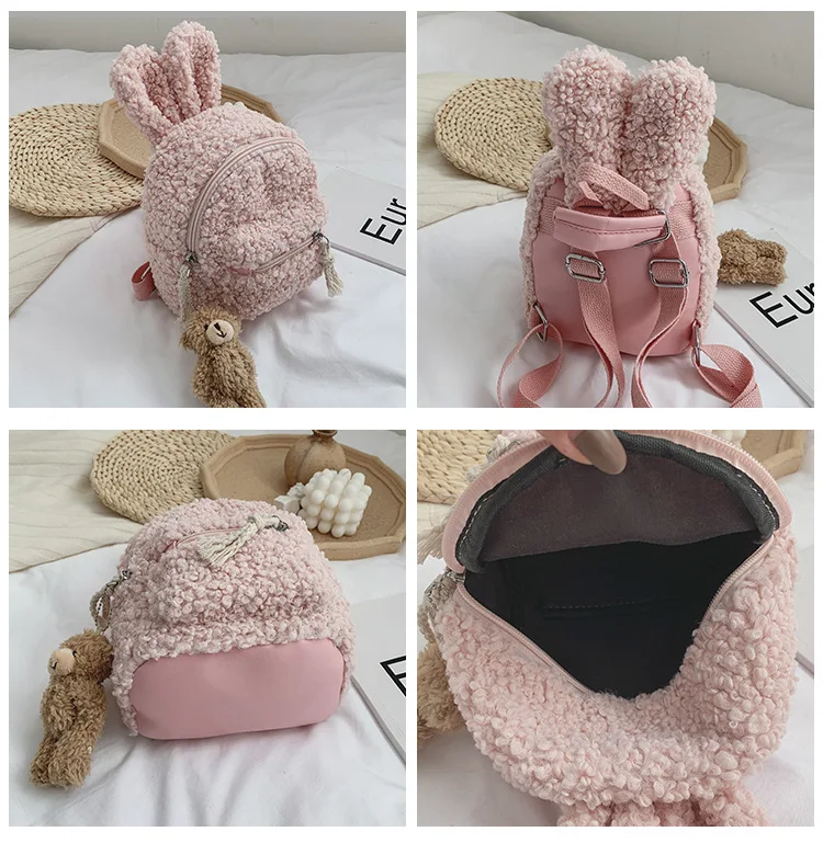 Mochila de lana de cordero con orejas de conejo para niños, Bolso pequeño bonito de Kindergarden, mochila Popular de dibujos animados de moda para niña pequeña, KBG050, otoño