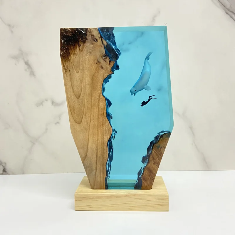 Hammerhead Shark Resin Night Light, Ocean Themed Wood Base Decor, Mood Lamp for Christmas Gift