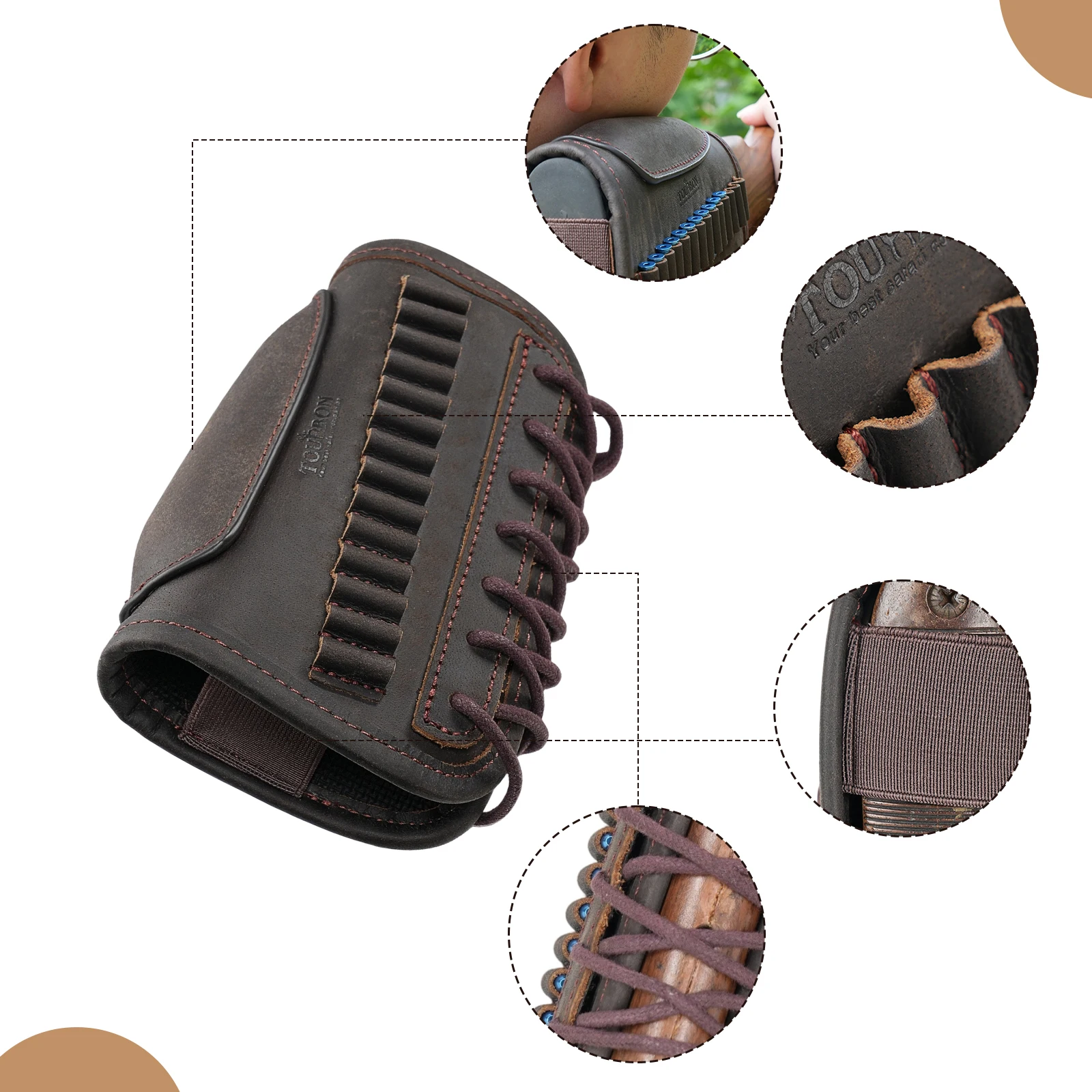 Tourbon Hunting Accessories Leather Rifle Cheek Rest Gun Buttstock Cover with 14 Rounds Ammo Loops for .22LR Adjustable Brown view 6