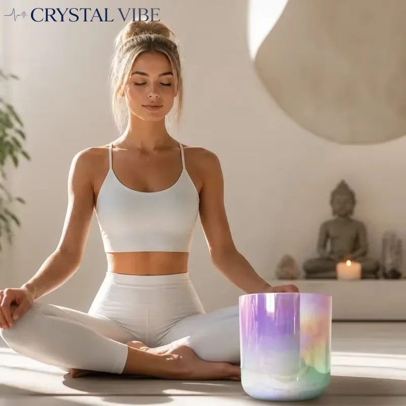 CRYSTAL VIBE 7.5 Inch Crystal Singing Bowl F Note Heart Chakra Cosmic Purple Pink Blue 432Hz Sound Therapy Healing Meditation