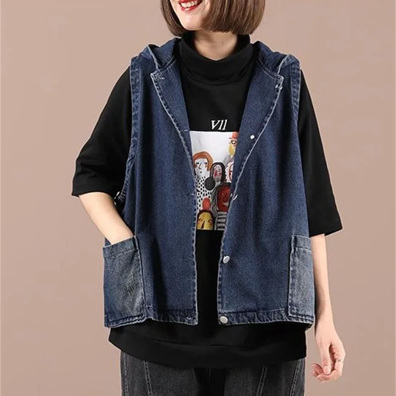 Wiosna Jesień Kobiety Drukowanie Kowbojska kurtka bez rękawów Koreańska damska kamizelka dżinsowa z kapturem Top 2025 Femme Moda Krótka kamizelka Płaszcz
