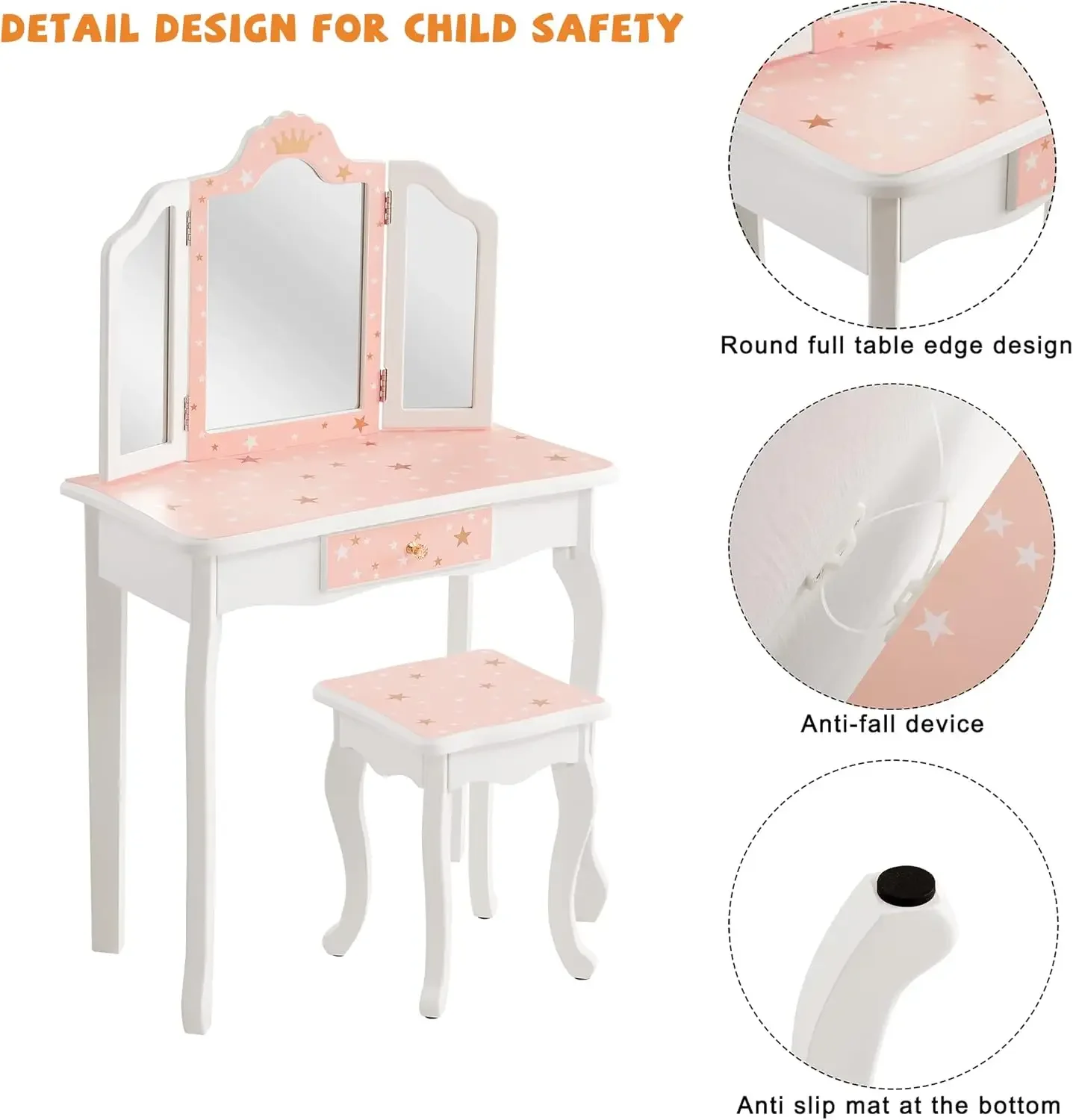 Table and Chair Set, Girls Vanity Set with Stool, Tri-Folding Mirror, Makeup Dressing Princess Table with Drawer for Little Girl