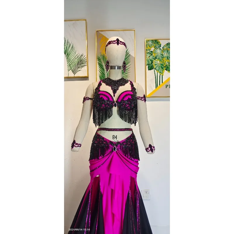 Customized Belly Dancewear Rhinestone Accessories Group Stage Suit Performance Costume Belly Dancing Bra Tassel Split Skirt Set