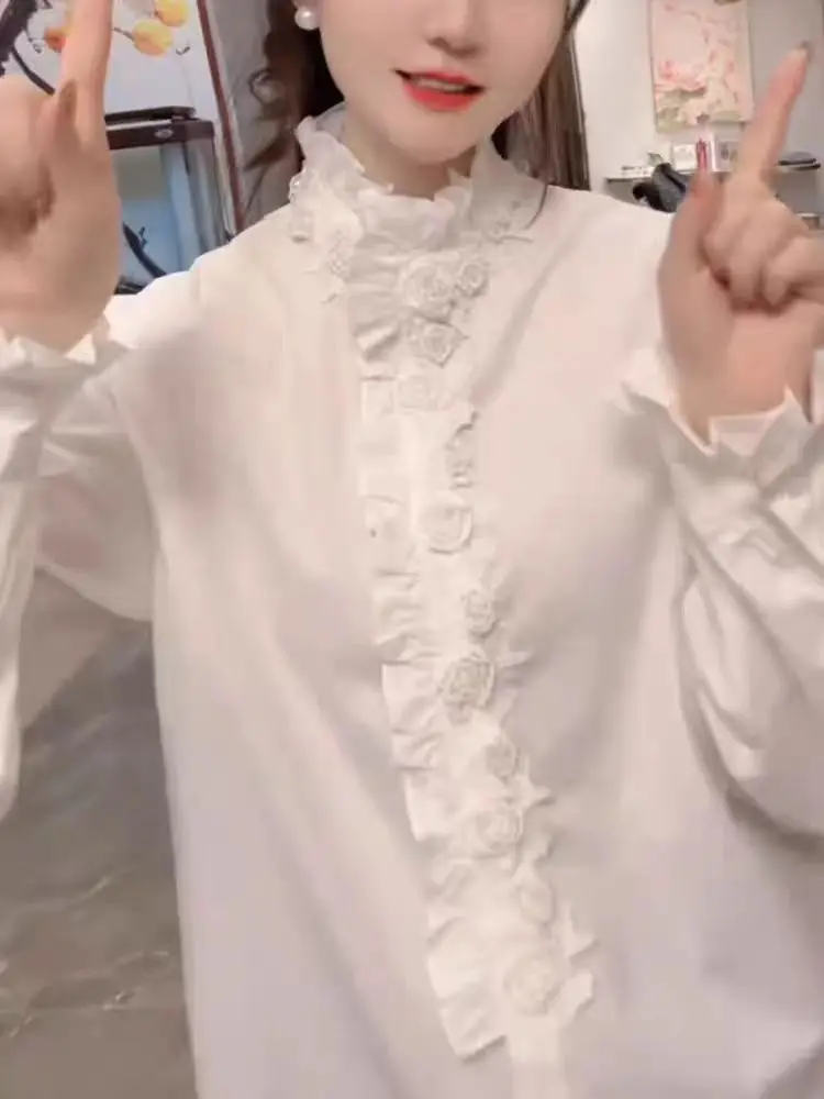 Luxus Perlen Perlen Baumwolle Lose Beiläufige Weiße Hemden Blusen Frauen 2025, Trend Langarm Einreiher Tops Frau Kleidung