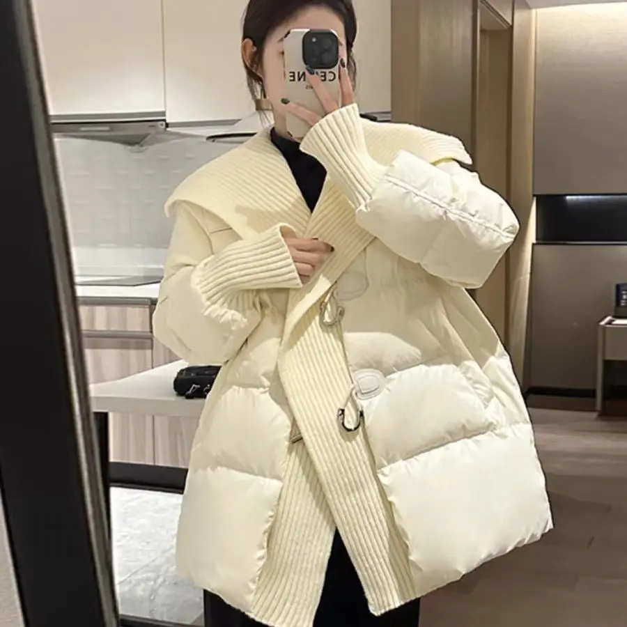 2025 Winter New Large Lapel White Duck Down Parka Loose Winter Thick Mid Long Style Cow Horn Buckle Jacket Fashionable Outwear