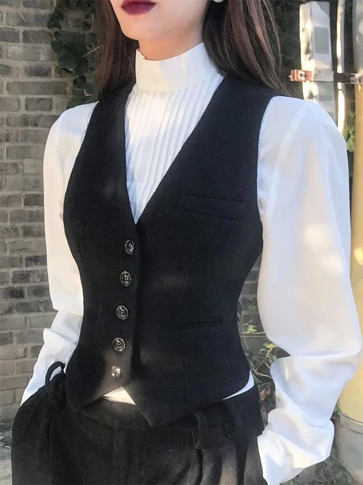 

Черный шерстяной жилет irt Комплект из двух предметов Slim Fit ort Sle Faionable Женская осенняя одежда Повседневная одежда V-Ne Long Sve