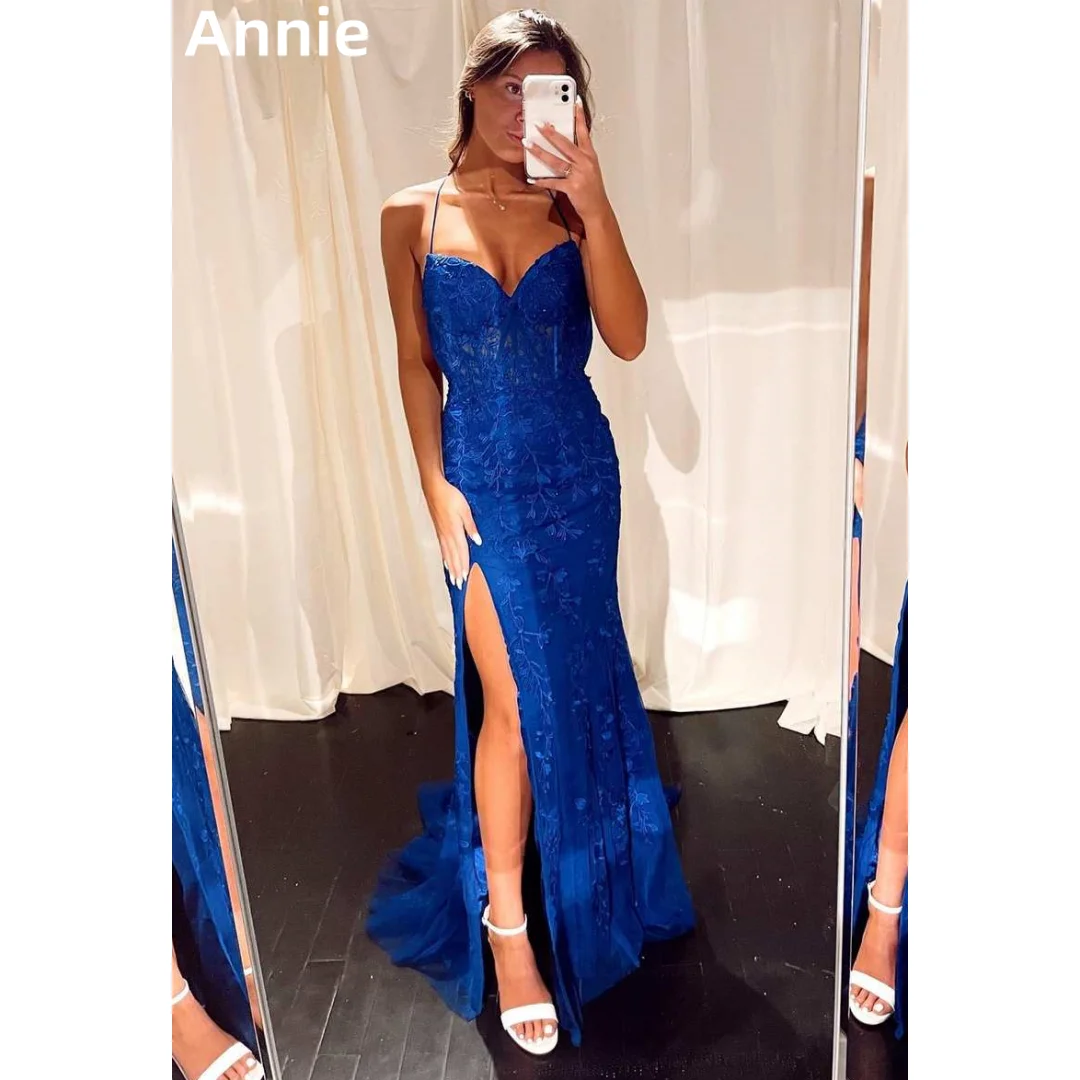 

Annie Dark Blue Prom Dresses Tulle Embroidered Mermaid Wedding Dress Off-the-shoulder Cocktail Dresses Vestidos De Fiesta