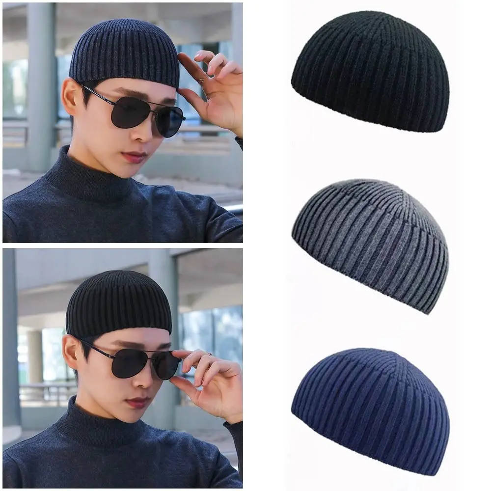 Street Solid Color Knitted Cap Elastic Brimless Melon Beanie Cap Keep Warm Vintage Dome Hat Outdoor