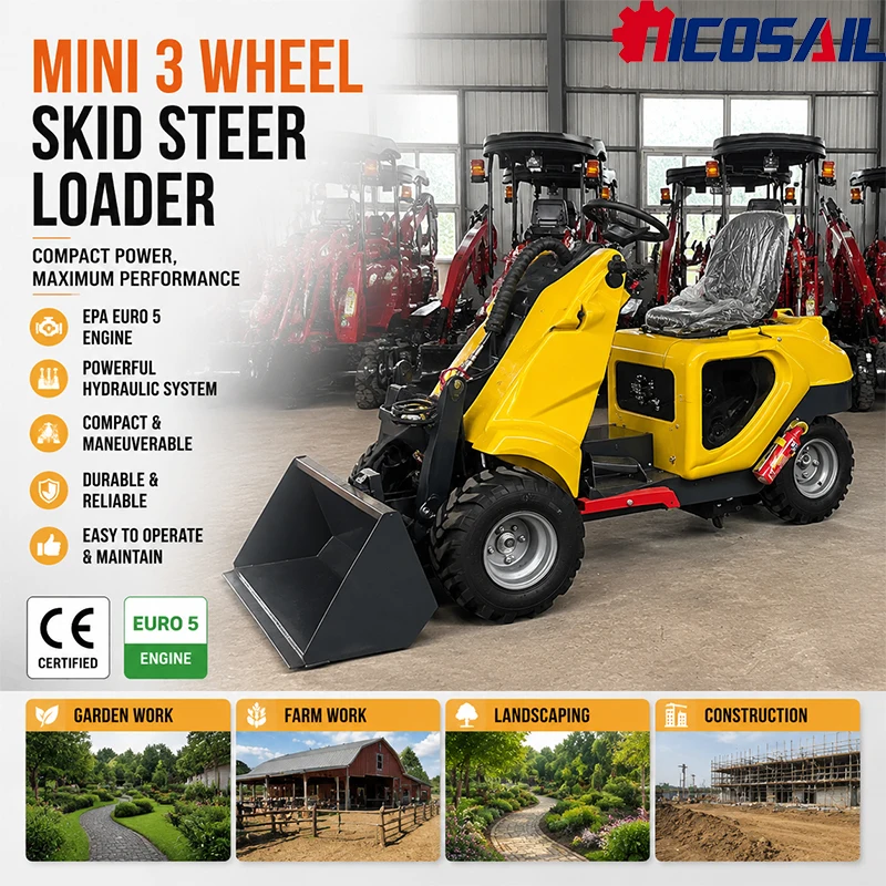 CE Euro 5 Mini 3 Wheel Skid Steer Loader Hydraulic Compact Machine for Garden Farm Landscaping and Construction Projects