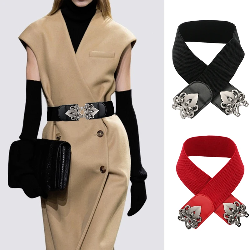 

Elegant Women Belt Stretch Genuine Leather Silver Metal Buckle Girdle Female Dress Shaping Body Waist Closure Designer Waistband