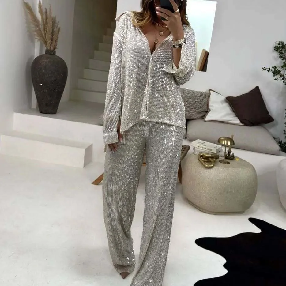 2024 Casual Fashion Women's Jacket Winter Elegant Casual Loose Two-piece Set For Women Long Pants Top Set Sequin Loose Coat