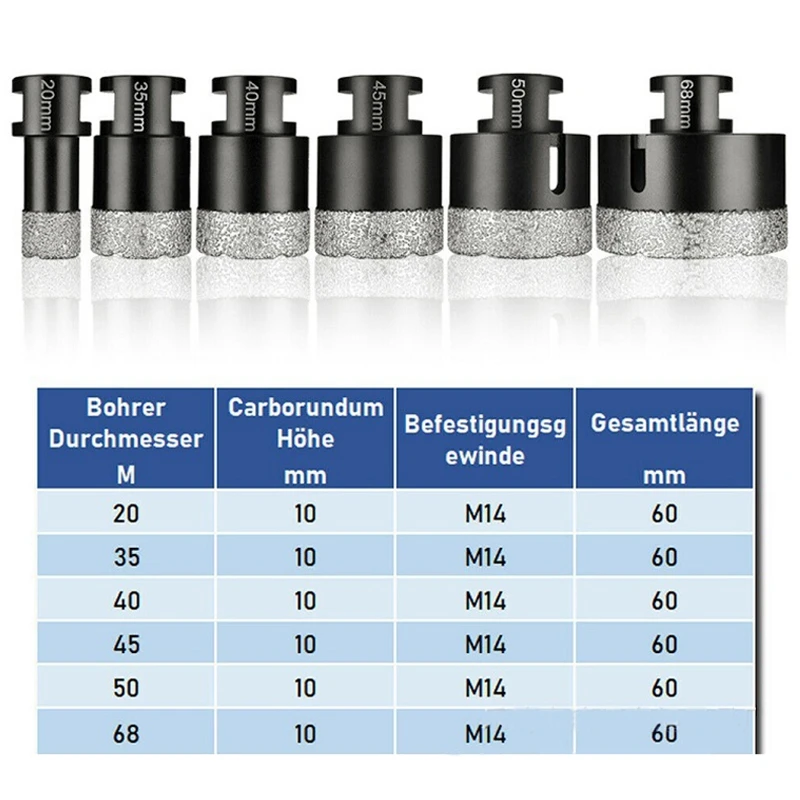 Jeu de forets diamantés pour céramique et marbre, mèches perforées brasées sous vide, scie cloche, M14, 20mm, 35mm, 40mm, 45mm, 50mm, 68mm, 6 pièces