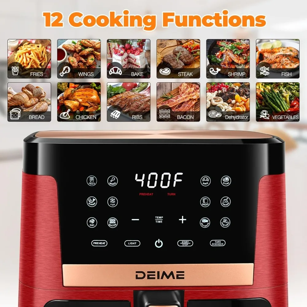 Freidora de aire 7,5 QT 1700W Horno sin aceite Cocina saludable Freidoras de aire de gran capacidad con 12 preestablecidos, ventana de cocción visible (rojo-M)