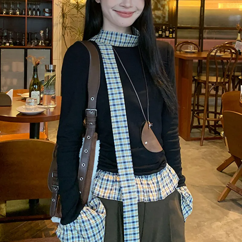 

Vintage Plaid Patchwork Pullovers Spring Autumn Long Sleeve Female Clothing Korean Round Neck Slim Fashion Ribbon Basic T-shirts