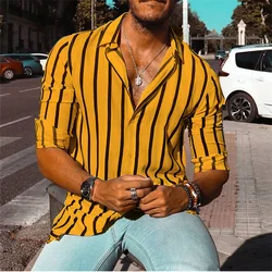 2024 Men's Shirt Button Up Shirt 6XL Summer Shirt Yellow Long Sleeve Striped Lapel Resort Shirt Fashionable Casual Comfortable