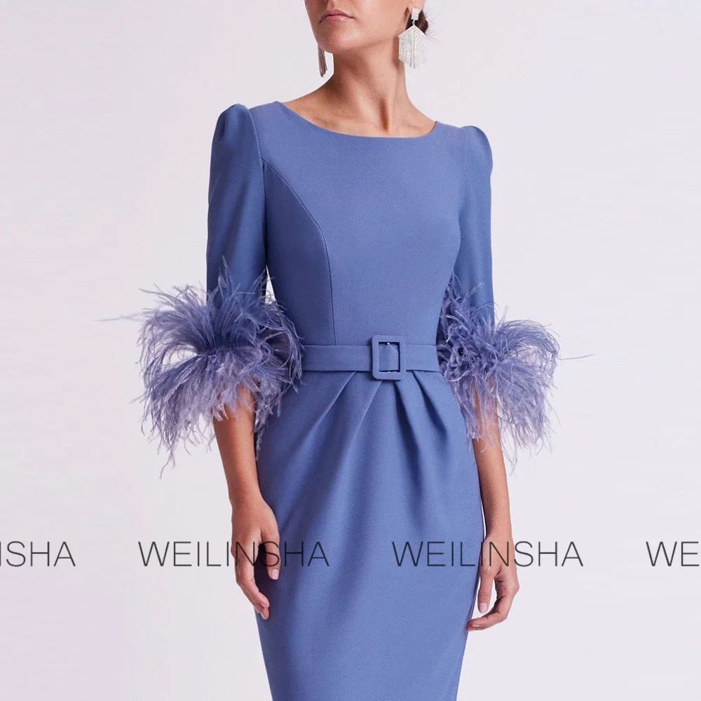 Customized Mother of the Bride Jersey Sheath/Column Evening Dress Blue O-Neck Pleat Belt Feather Prom Dress Long Wedding Dresses