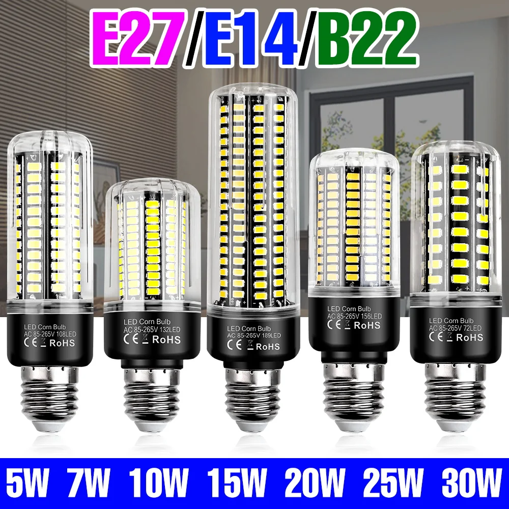 

30 Вт светодиодная лампа E27/E26 кукурузная лампа E14 Потолочный светильник B22 Люстра Лампы переменного тока 85-265 В без мерцания для домашнего кабинета Холодный/Теплый белый