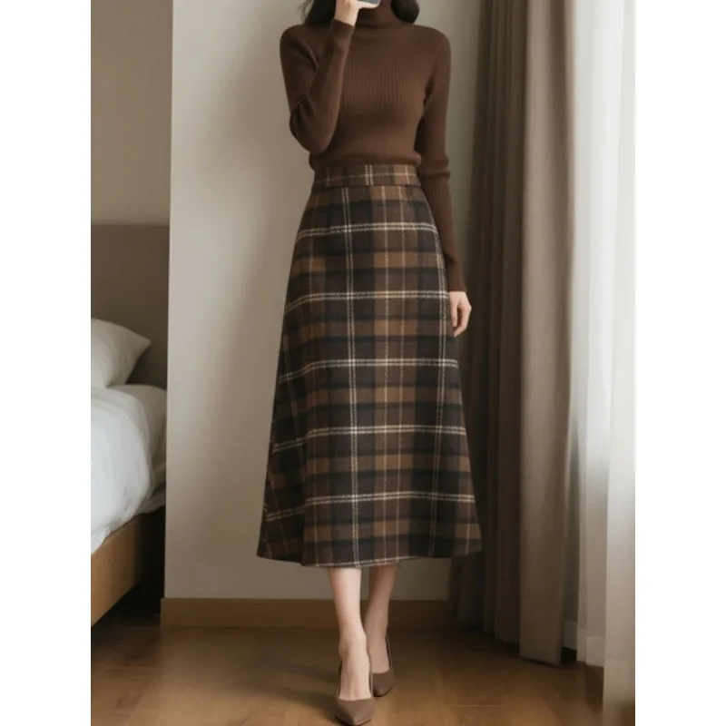 Women High Waist Plaid Pattern A Line Midi Skirt