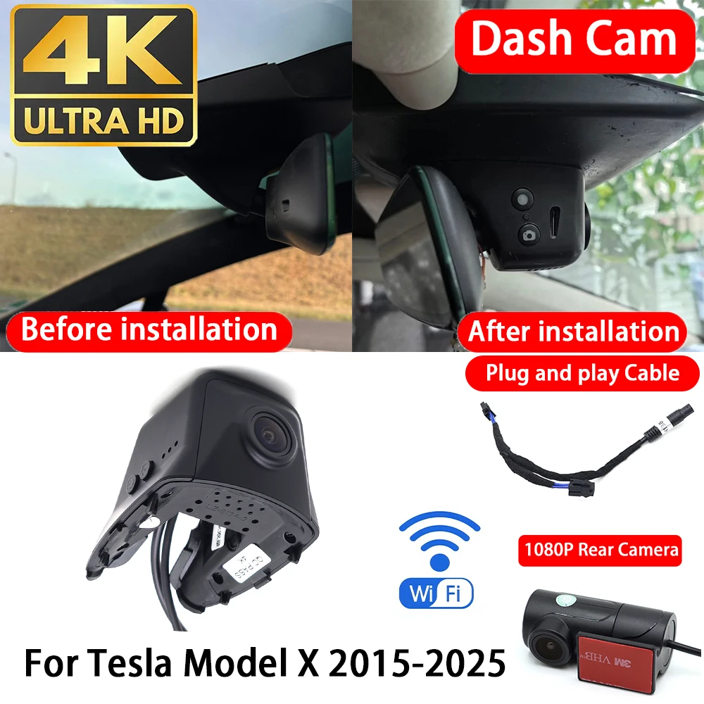 for Tesla Model X 2015-2025 4K 2160P Dash Cam Front Rear Car Camera DVR Wifi Plug & Play Video Recorder Loop Recording