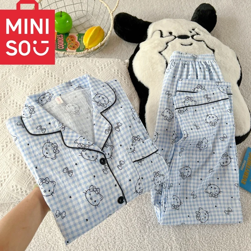 مرحبا كيتي بيجامة مجموعة النساء الخريف الشتاء جديد الراحة Y2K لطيف Kawaii منقوشة المتسكعون 2 قطعة طويلة الأكمام السراويل العليا ملابس خاصة #4