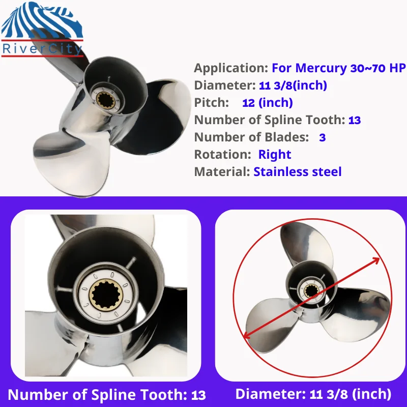 Boat Propeller 11 3/8x12 For Mercury 55hp 60hp 70hp 75hp Outboard Screw Boat Motor Stainless Steel Propeller 3 Blade 13 Spline