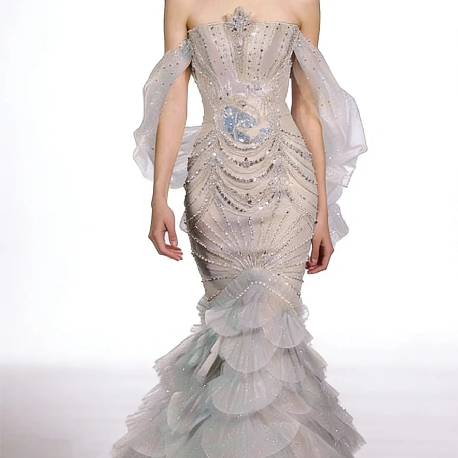 

Изысканные бусины без бретелек с блестками Многоуровневые свадебные платья русалки без рукавов Свадебные платья по индивидуальному заказу