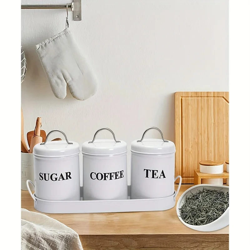 

Set of 3 Kitchen Canisters for Tea, Coffee, And Sugar, Featuring Sealing Lids And a Metal Tray, Vintage-Style Jars for Food Storage in White