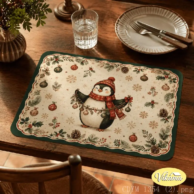 VIKAMA Christmas Gingerbread Penguin Placemat Candy Cane Holly Table Mat Dining Kitchen Holiday Home Decor Aesthetic Art Large