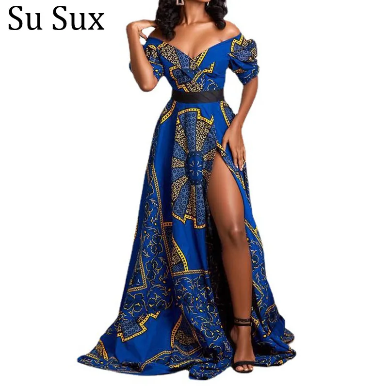 

African Clothes For Women Dashiki Print Maxi Dress Slash Neck Short Sleeve African Dresses Abaya Robe Clothing Ankara Party