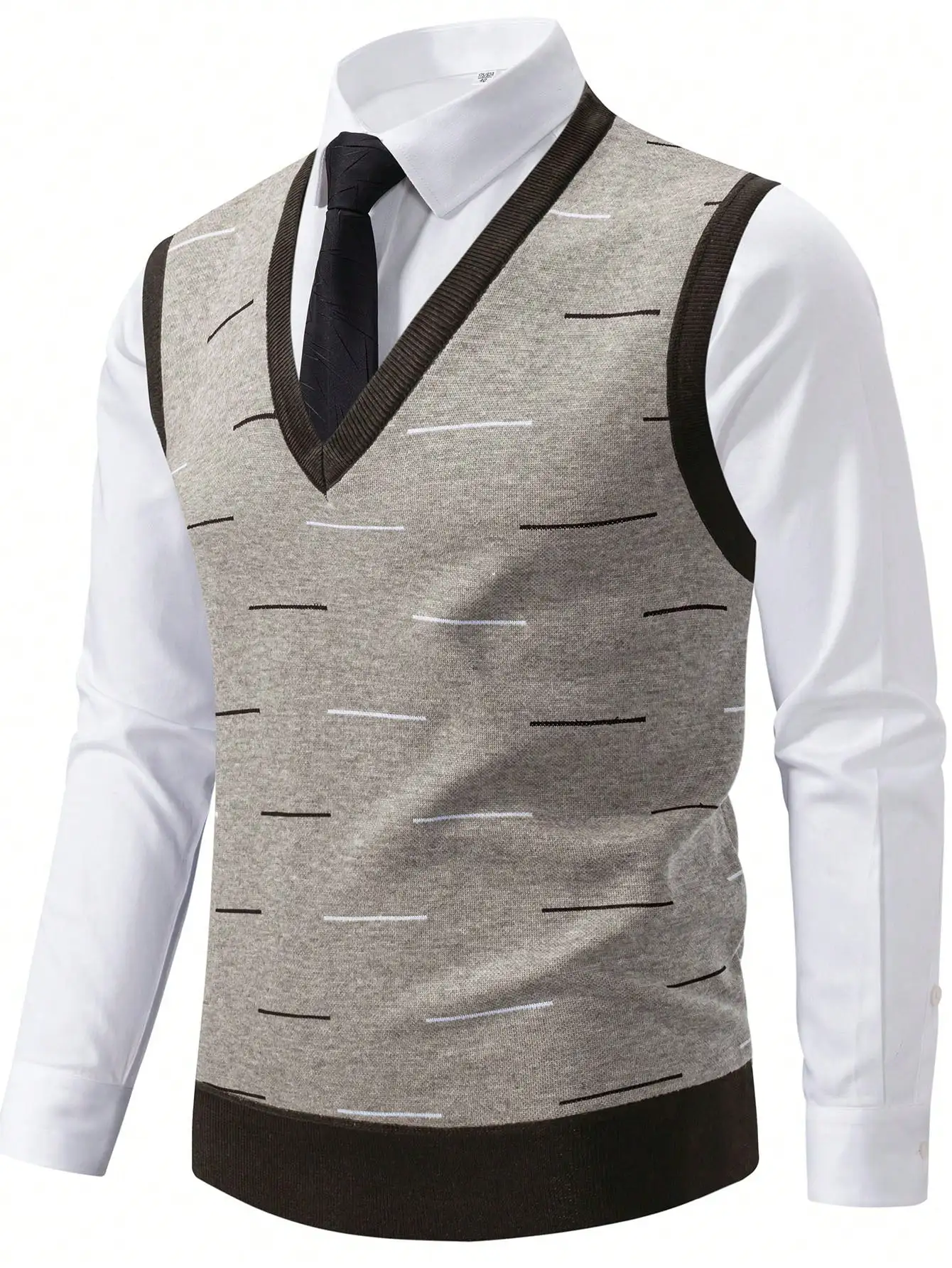 Men's V-Neck Thermal Lined Knit Sweater Vest - Gray with Stripe Pattern