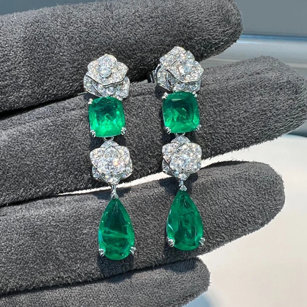 Yaranyan Vintage 925 Sterling Silver Emerald High Carbon Diamond Gemstone Flower Drop Dangle Earrings Fine Jewelry for Women