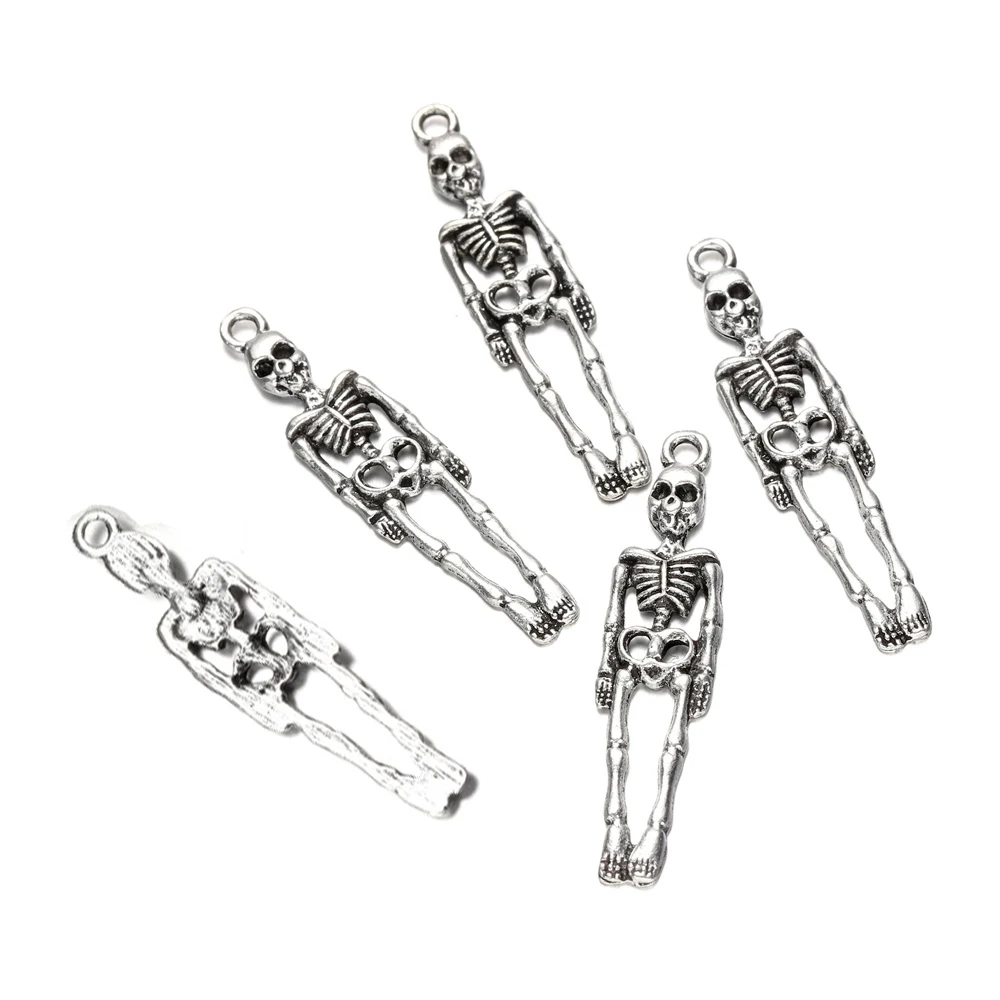 20pcs Charms Skull Skeleton Man 38x9mm Tibetan Silver Color Pendants For DIY Antique Jewelry Making Handmade Craft