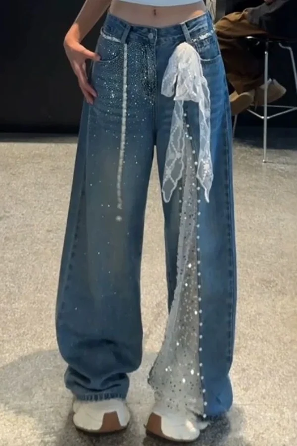 

2025 женские джинсовые брюки в китайском стиле, кружевные прямые джинсы с разрезом и высокой талией, широкие летние брюки